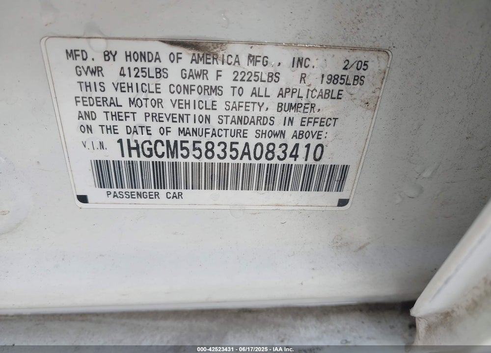 2005 HONDA ACCORD 2.4 EX VIN: 1HGCM55835A083410