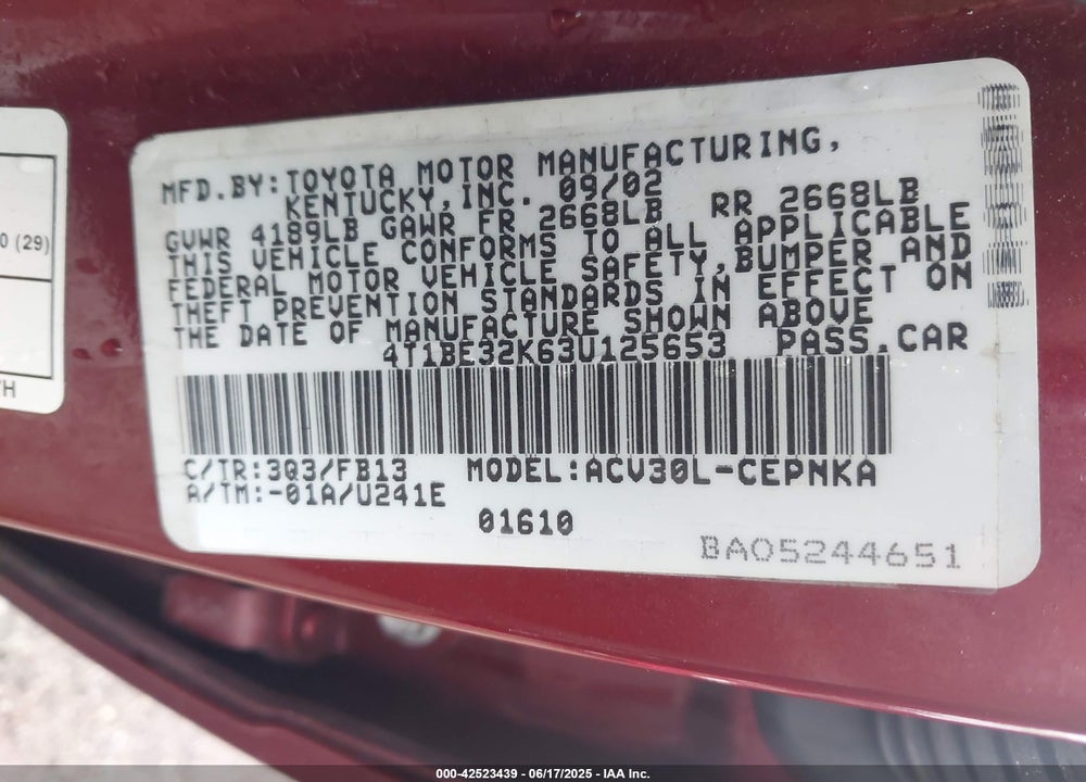 2003 TOYOTA CAMRY LE VIN: 4T1BE32K63U125653