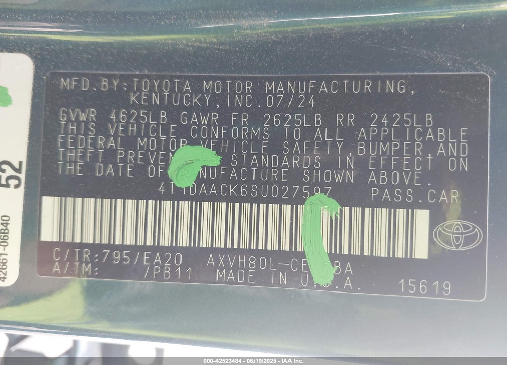 2025 TOYOTA CAMRY VIN: 4T1DAACK6SU027597