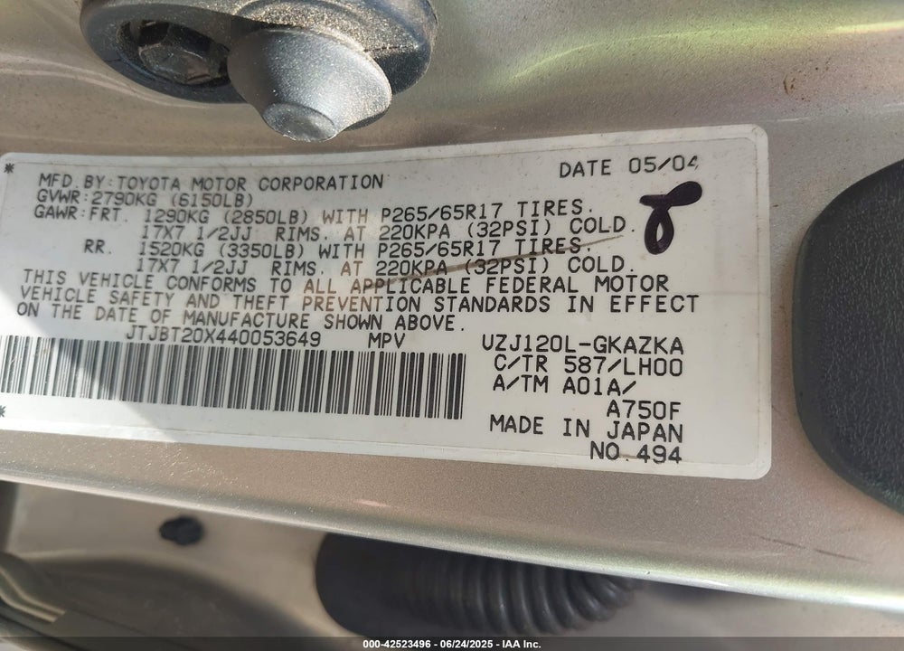2004 LEXUS GX 470 VIN: JTJBT20X440053649
