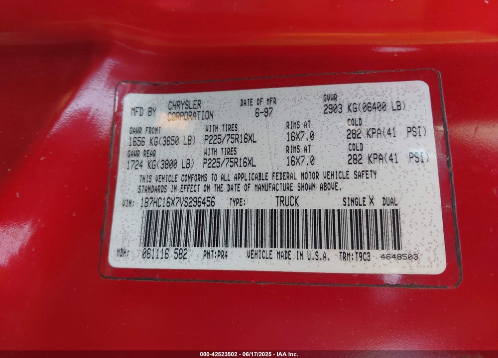 1997 DODGE RAM 1500 VIN: 1B7HC16X7VS296456