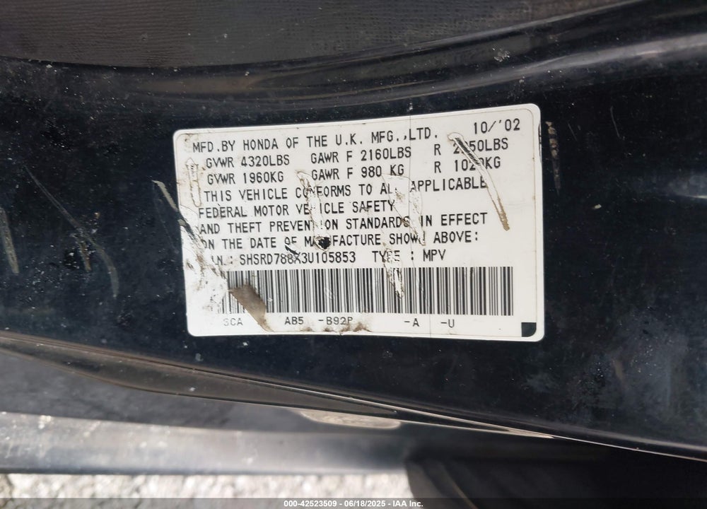 2003 HONDA CR-V EX VIN: SHSRD788X3U105853