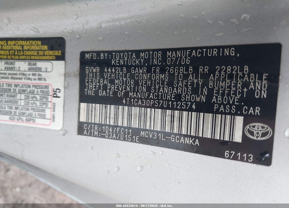 2007 TOYOTA CAMRY SOLARA SPORT V6 VIN: 4T1CA30P57U112574