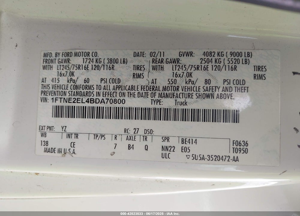 2011 FORD E-250 COMMERCIAL VIN: 1FTNE2EL4BDA70800
