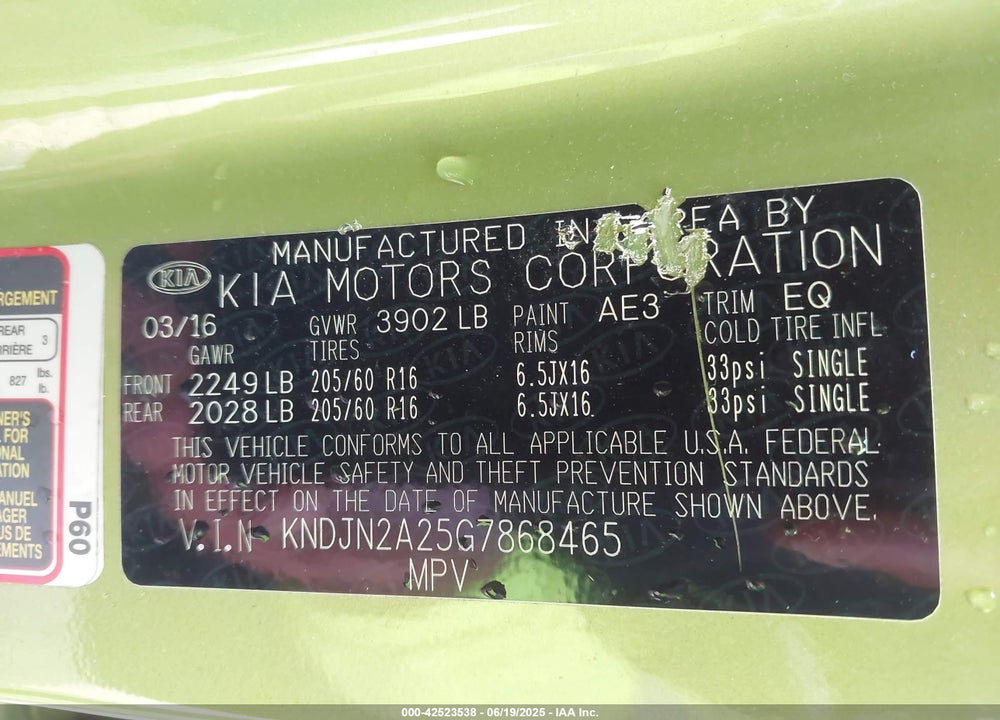 2016 KIA SOUL VIN: KNDJN2A25G7868465