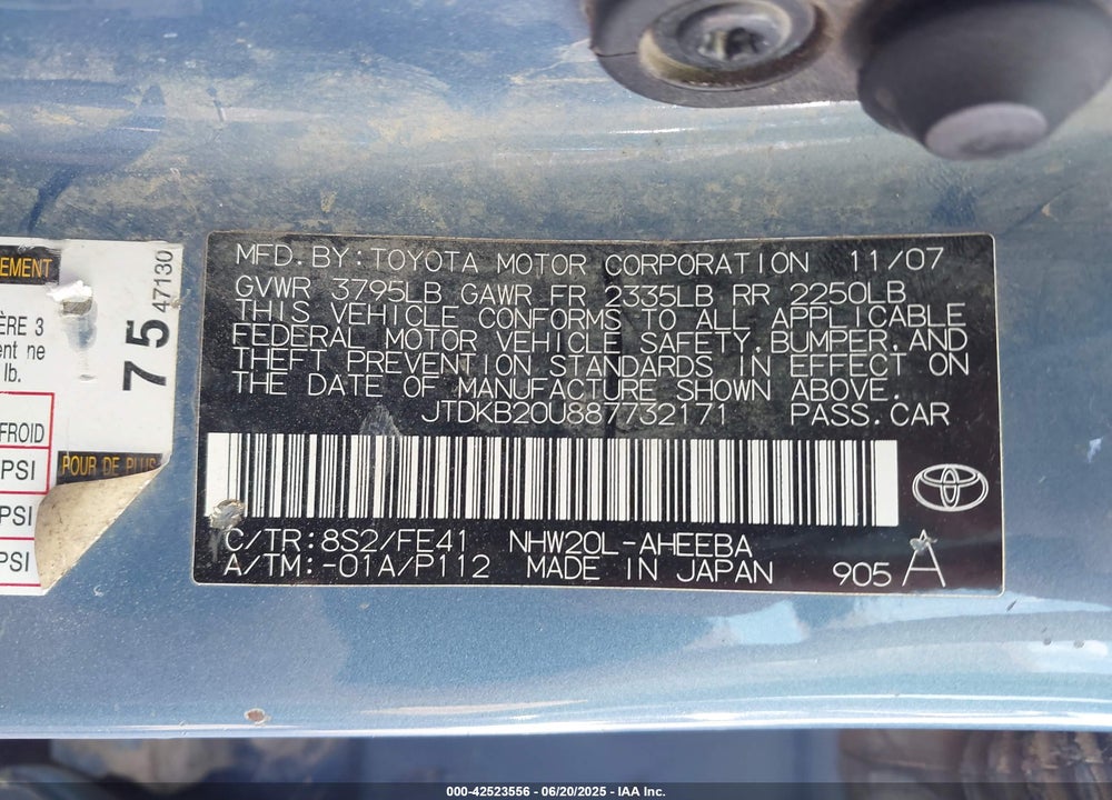 2008 TOYOTA PRIUS VIN: JTDKB20U887732171