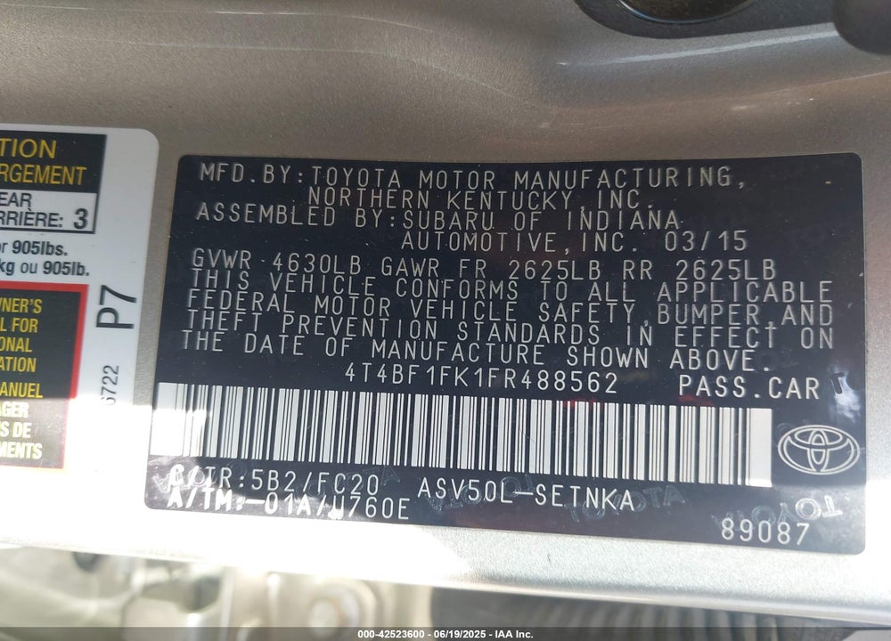 2015 TOYOTA CAMRY VIN: 4T4BF1FK1FR488562