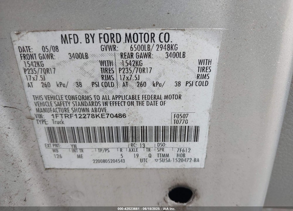 2008 FORD F-150 STX/XL/XLT VIN: 1FTRF12278KE70486