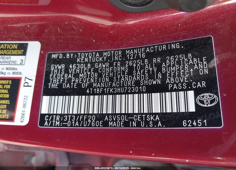 2017 TOYOTA CAMRY VIN: 4T1BF1FK3HU723010