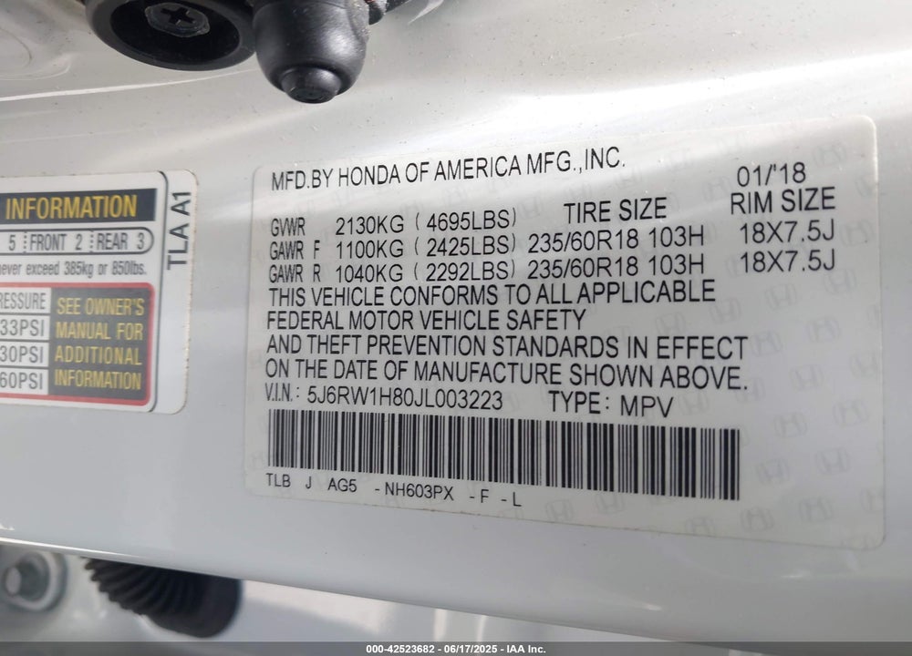 2018 HONDA CR-V EX-L/EX-L NAVI VIN: 5J6RW1H80JL003223