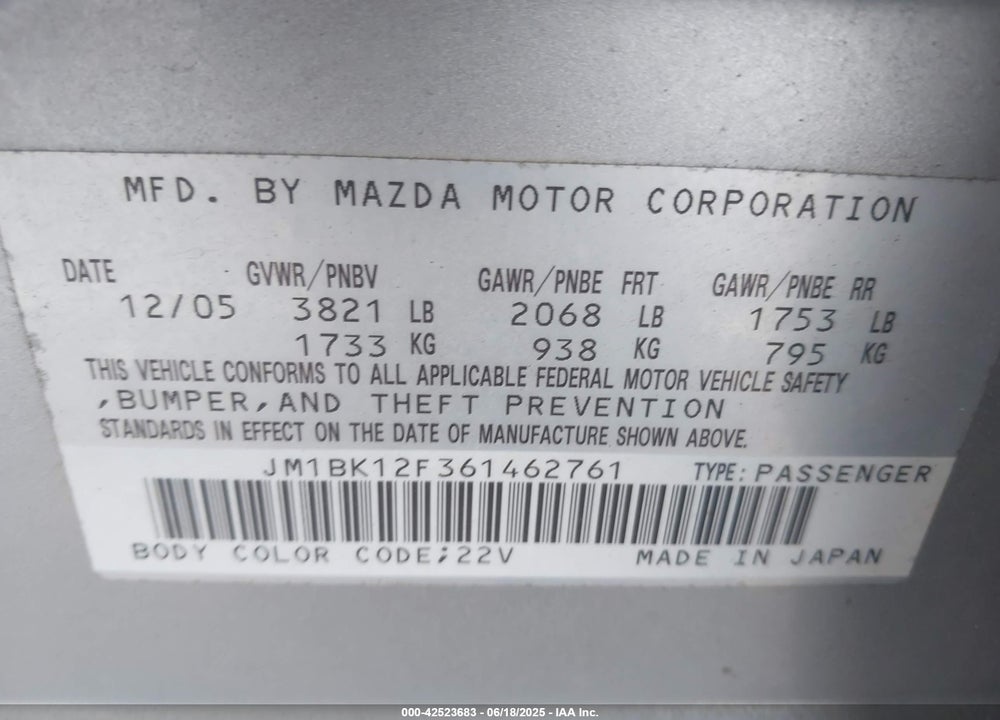 2006 MAZDA MAZDA3 VIN: JM1BK12F361462761