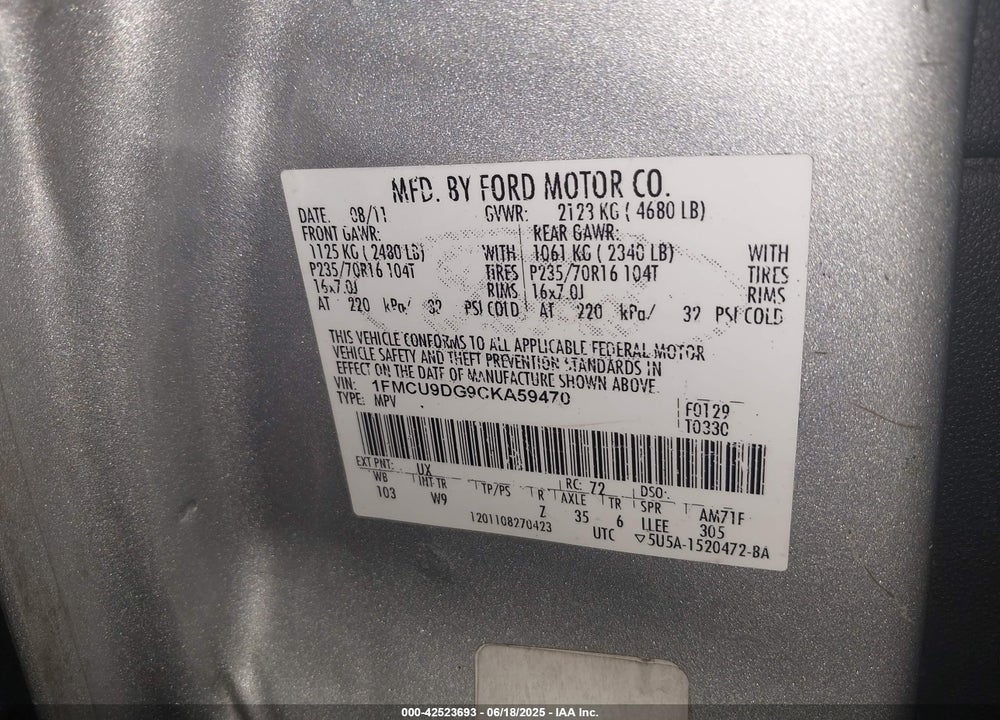 2012 FORD ESCAPE VIN: 1FMCU9DG9CKA59470