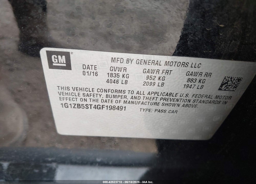 2016 CHEVROLET MALIBU VIN: 1G1ZB5ST4GF198491