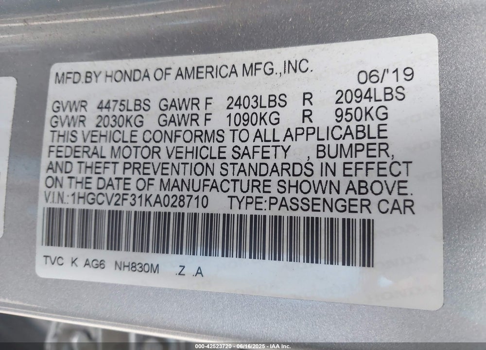 2019 HONDA ACCORD SPORT 2.0T VIN: 1HGCV2F31KA028710