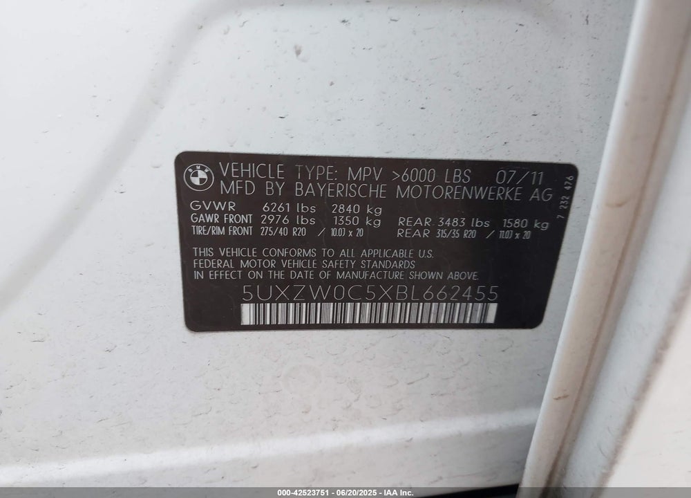 2011 BMW X5 XDRIVE35D VIN: 5UXZW0C5XBL662455