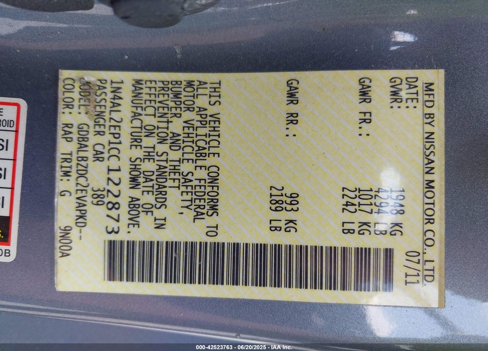 2012 NISSAN ALTIMA VIN: 1N4AL2EP1CC122873
