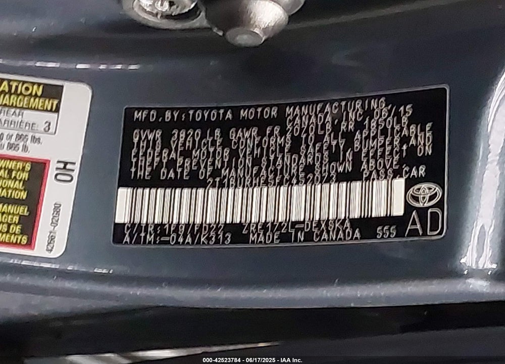 2015 TOYOTA COROLLA VIN: 2T1BURHE5FC452073