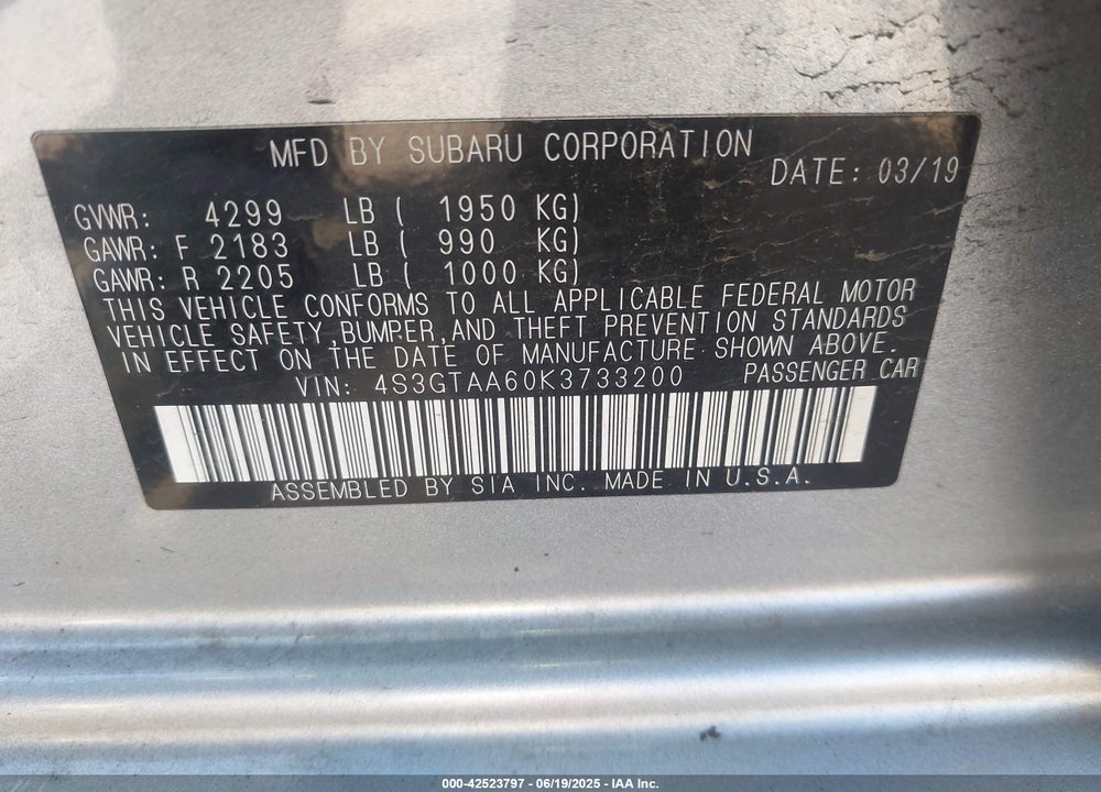 2019 SUBARU IMPREZA VIN: 4S3GTAA60K3733200