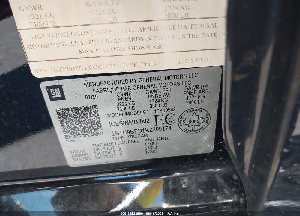 2019 GMC SIERRA 1500 SLE VIN: 1GTU9BED1KZ399174