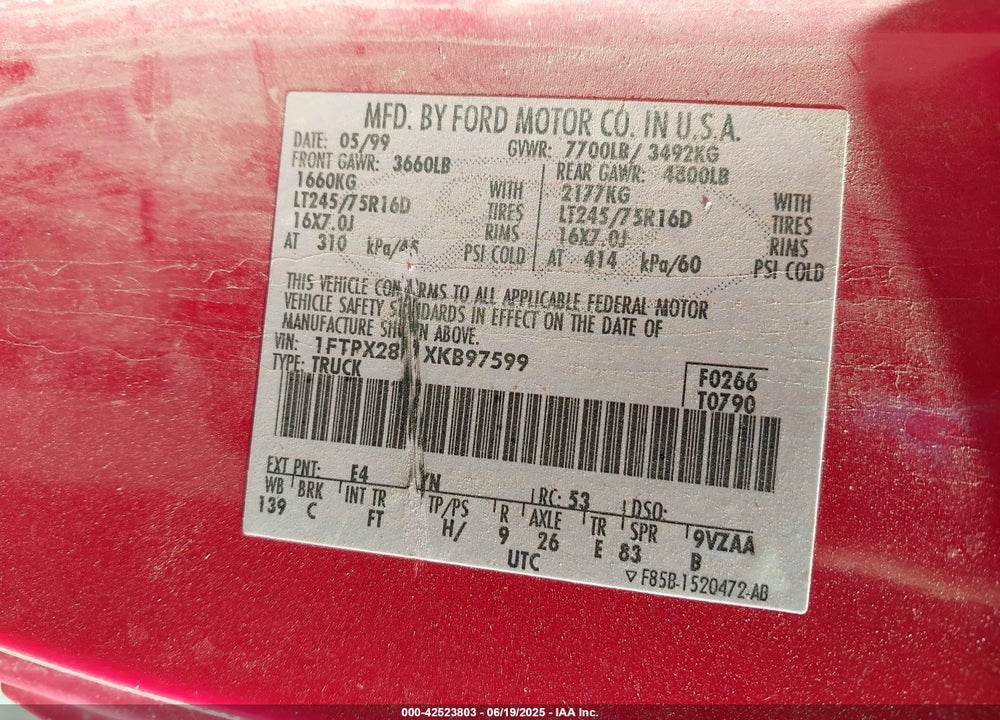 1999 FORD F-250 LARIAT/WORK SERIES/XL/XLT VIN: 1FTPX28L1XKB97599