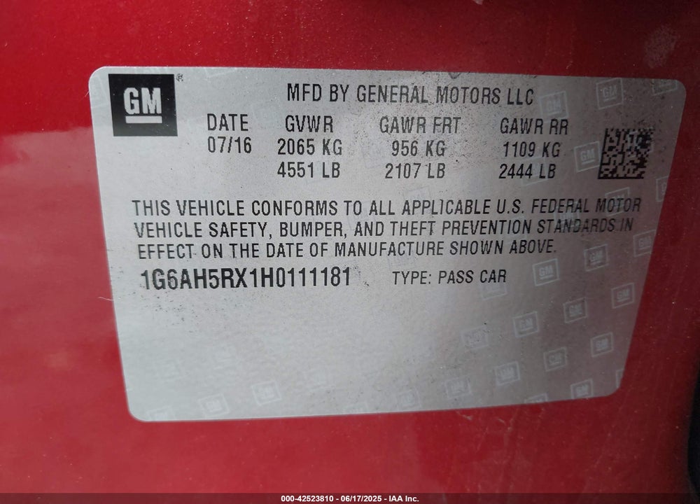 2017 CADILLAC ATS VIN: 1G6AH5RX1H0111181