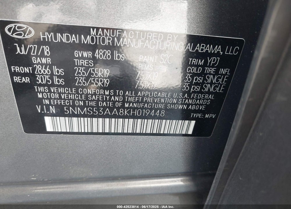 2019 HYUNDAI SANTA FE VIN: 5NMS53AA8KH019448