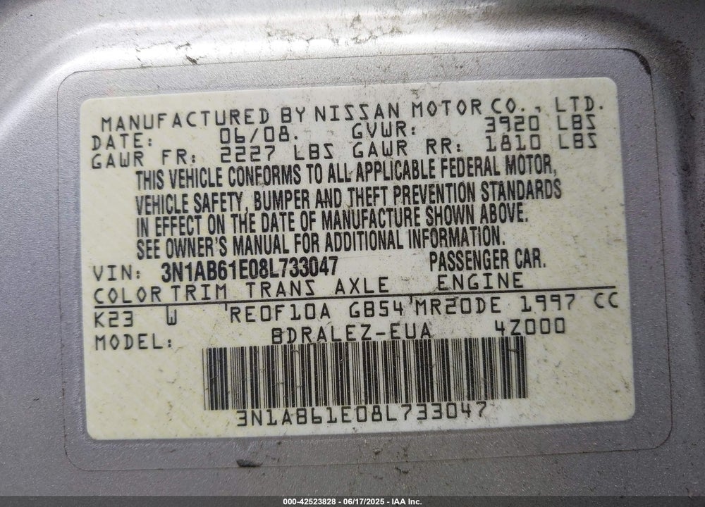2008 NISSAN SENTRA 2.0S VIN: 3N1AB61E08L733047