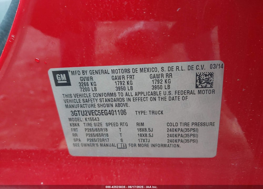 2014 GMC SIERRA 1500 SLT VIN: 3GTU2VEC5EG401106