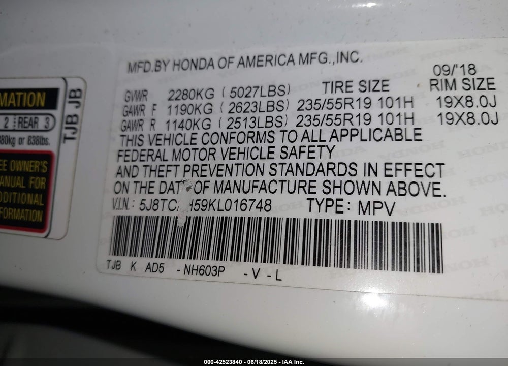 2019 ACURA RDX VIN: 5J8TC2H59KL016748