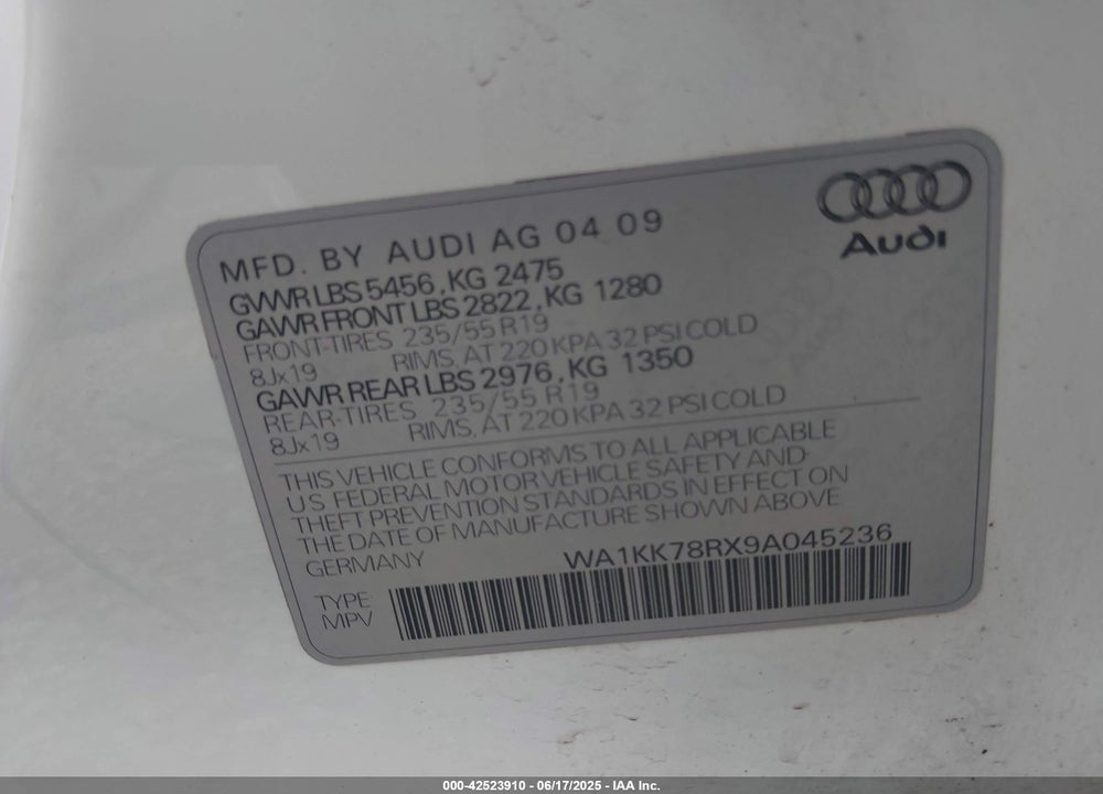 2009 AUDI Q5 3.2 PREMIUM VIN: WA1KK78RX9A045236