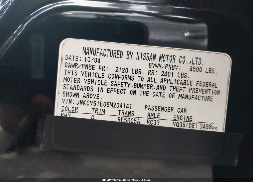 2005 INFINITI G35 VIN: JNKCV51E05M204141
