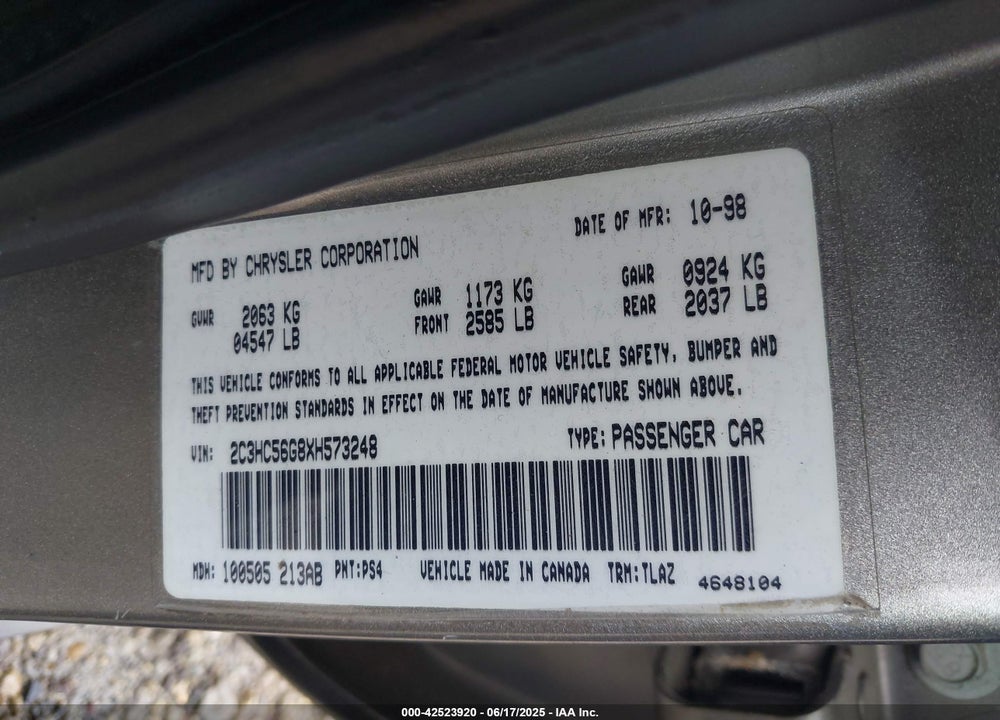 1999 CHRYSLER LHS VIN: 2C3HC56G8XH573248