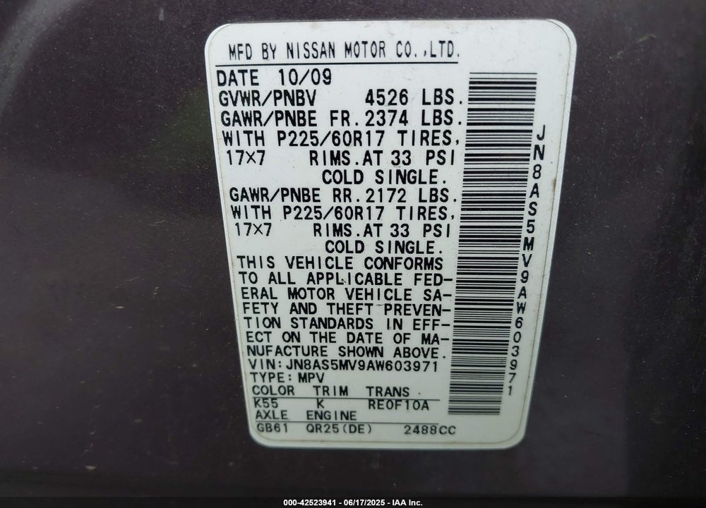 2010 NISSAN ROGUE VIN: JN8AS5MV9AW603971