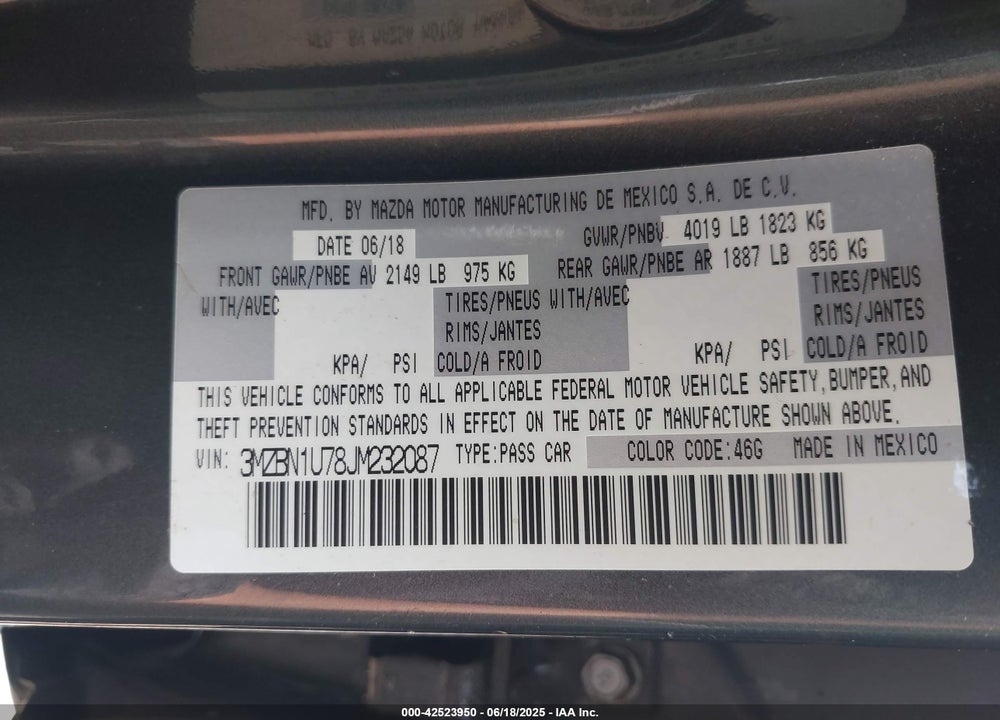 2018 MAZDA 3 VIN: 3MZBN1U78JM232087