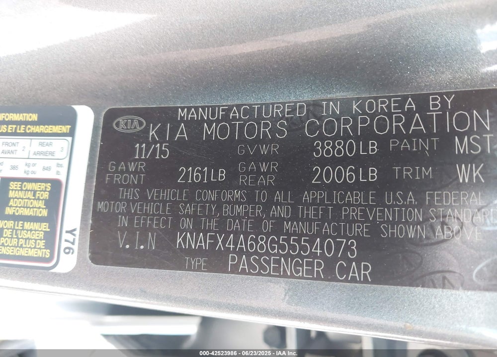 2016 KIA FORTE VIN: KNAFX4A68G5554073