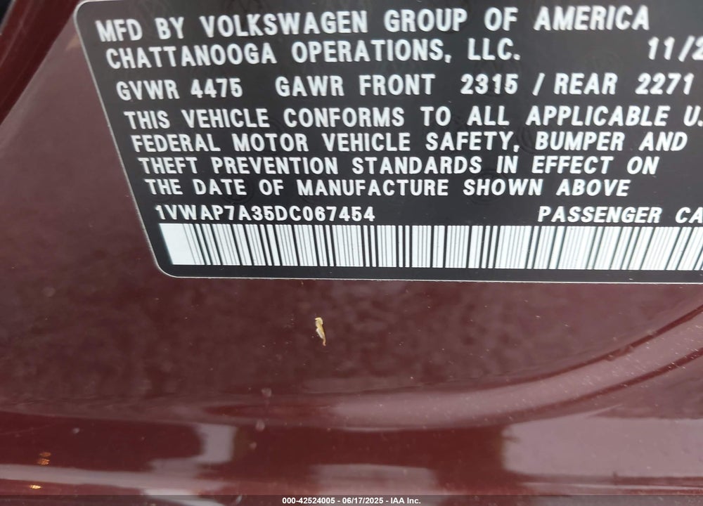 2013 VOLKSWAGEN PASSAT VIN: 1VWAP7A35DC067454