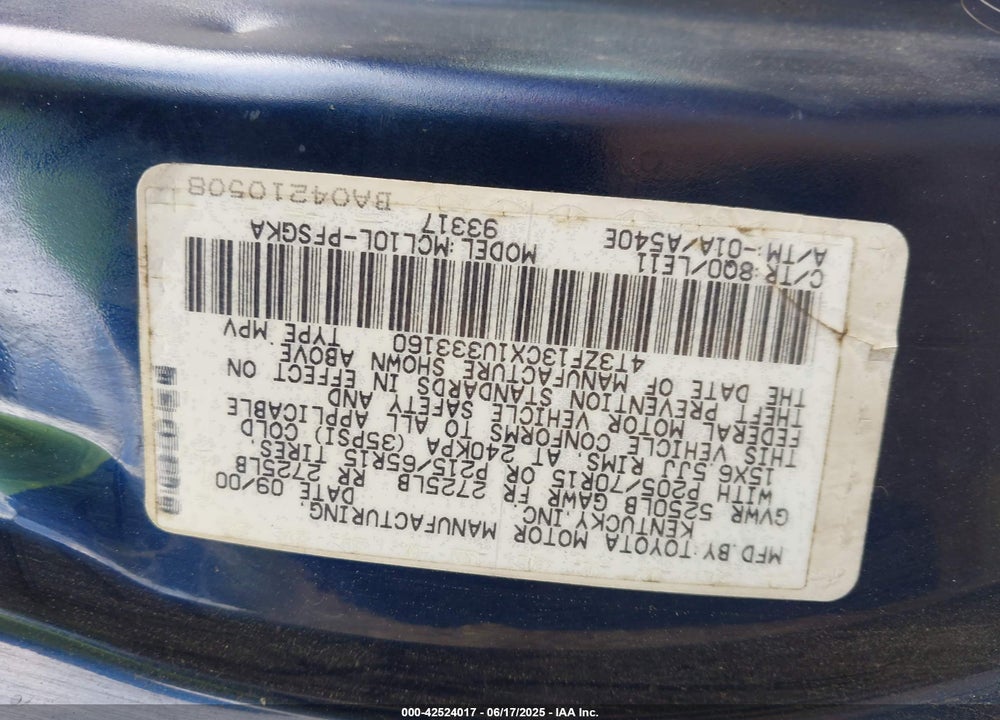 2001 TOYOTA SIENNA XLE VIN: 4T3ZF13CX1U333160