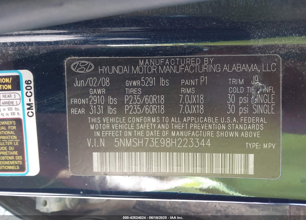 2008 HYUNDAI SANTA FE LIMITED/SE VIN: 5NMSH73E98H223344