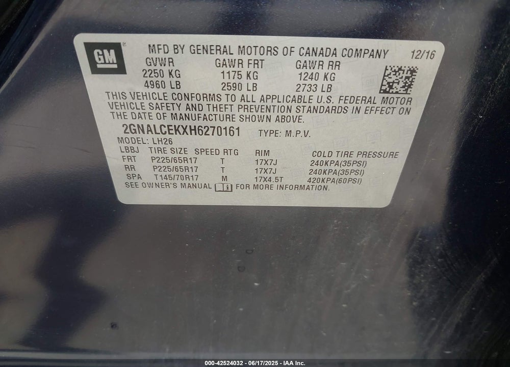 2017 CHEVROLET EQUINOX VIN: 2GNALCEKXH6270161