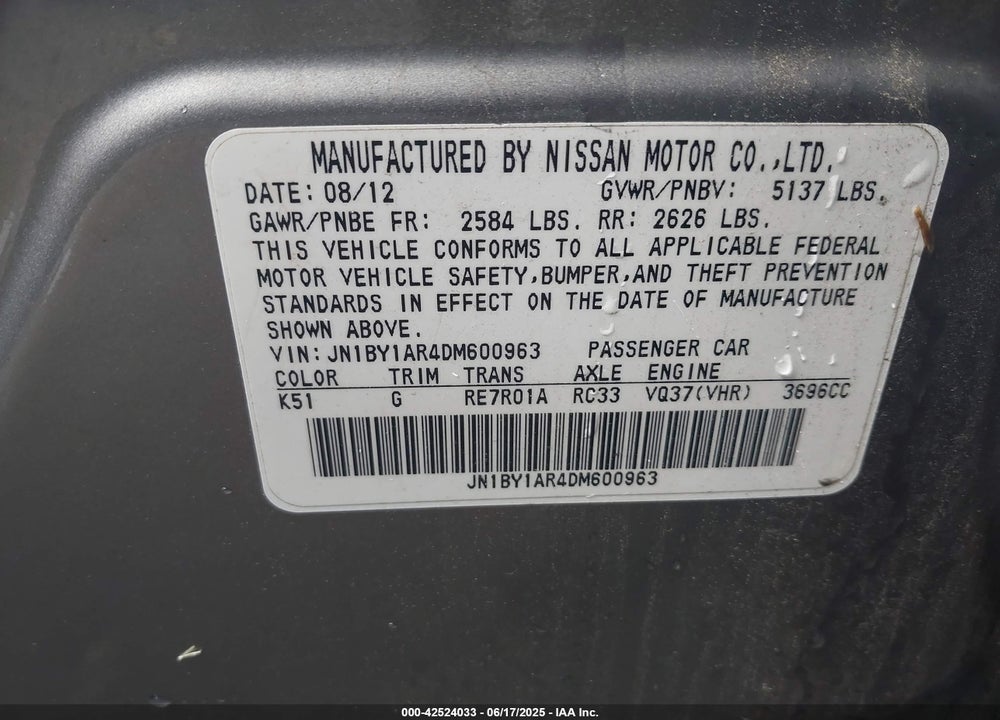 2013 INFINITI M37 VIN: JN1BY1AR4DM600963