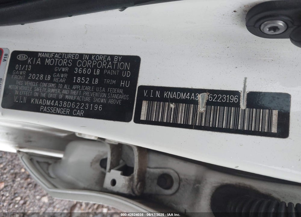 2013 KIA RIO LX VIN: KNADM4A38D6223196