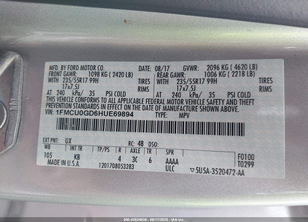 2017 FORD ESCAPE SE VIN: 1FMCU0GD6HUE69894