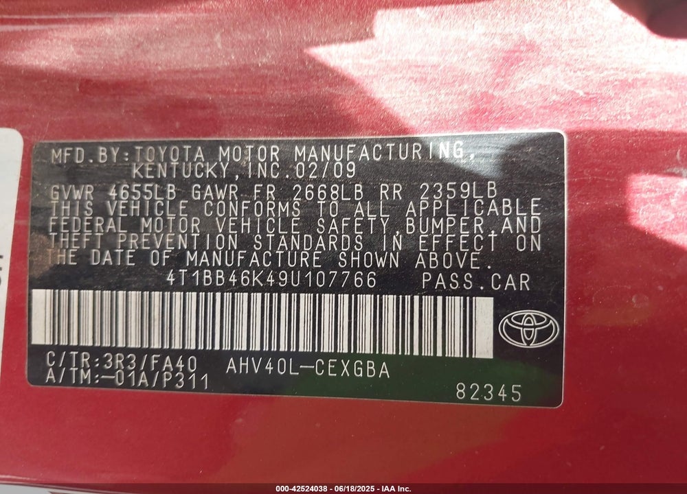 2009 TOYOTA CAMRY HYBRID VIN: 4T1BB46K49U107766