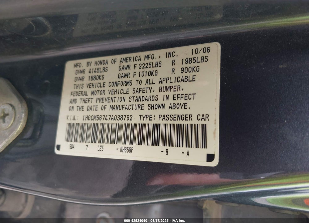 2007 HONDA ACCORD 2.4 EX VIN: 1HGCM56747A038792