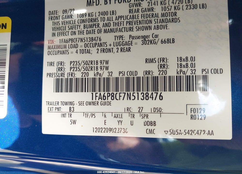 2022 FORD MUSTANG VIN: 1FA6P8CF7N5138476