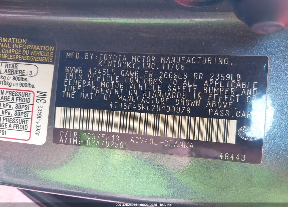 2007 TOYOTA CAMRY VIN: 4T1BE46K07U100978