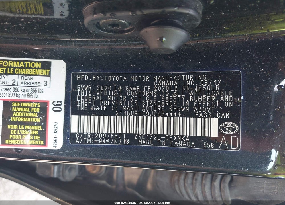 2018 TOYOTA COROLLA LE VIN: 2T1BURHE9JC964444