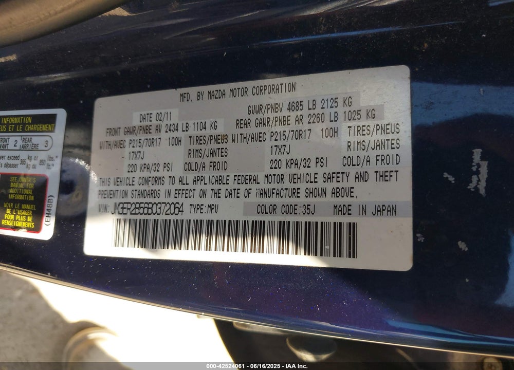 2011 MAZDA CX-7 I SPORT VIN: JM3ER2B56B0372064