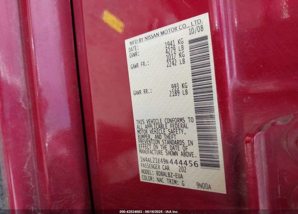 2009 NISSAN ALTIMA VIN: 1N4AL21E49N444456