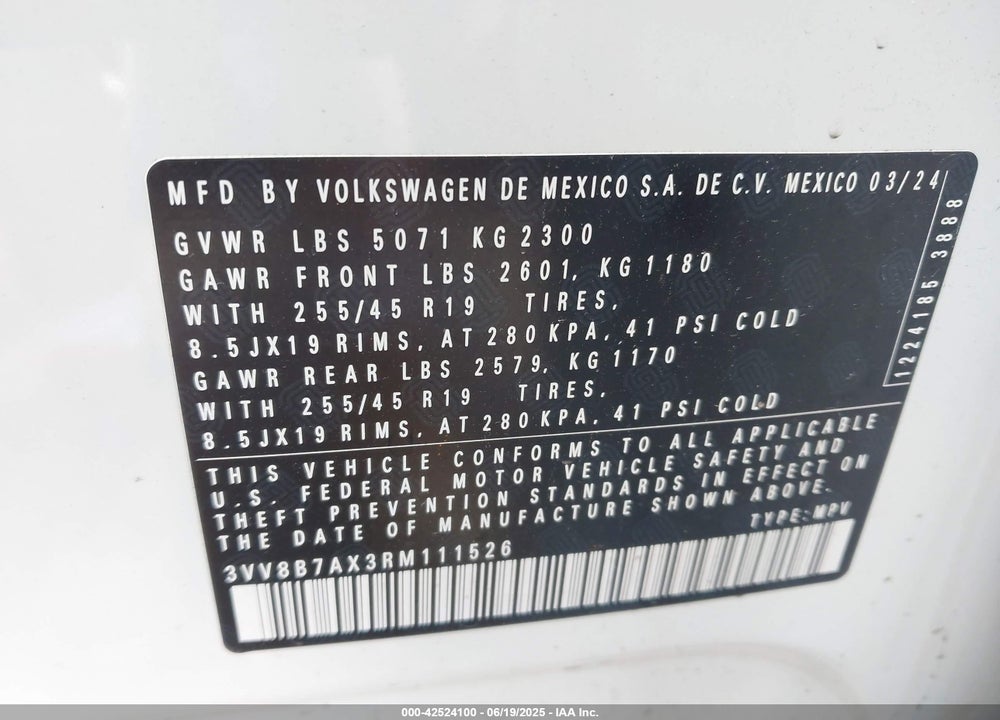 2024 VOLKSWAGEN TIGUAN VIN: 3VV8B7AX3RM111526